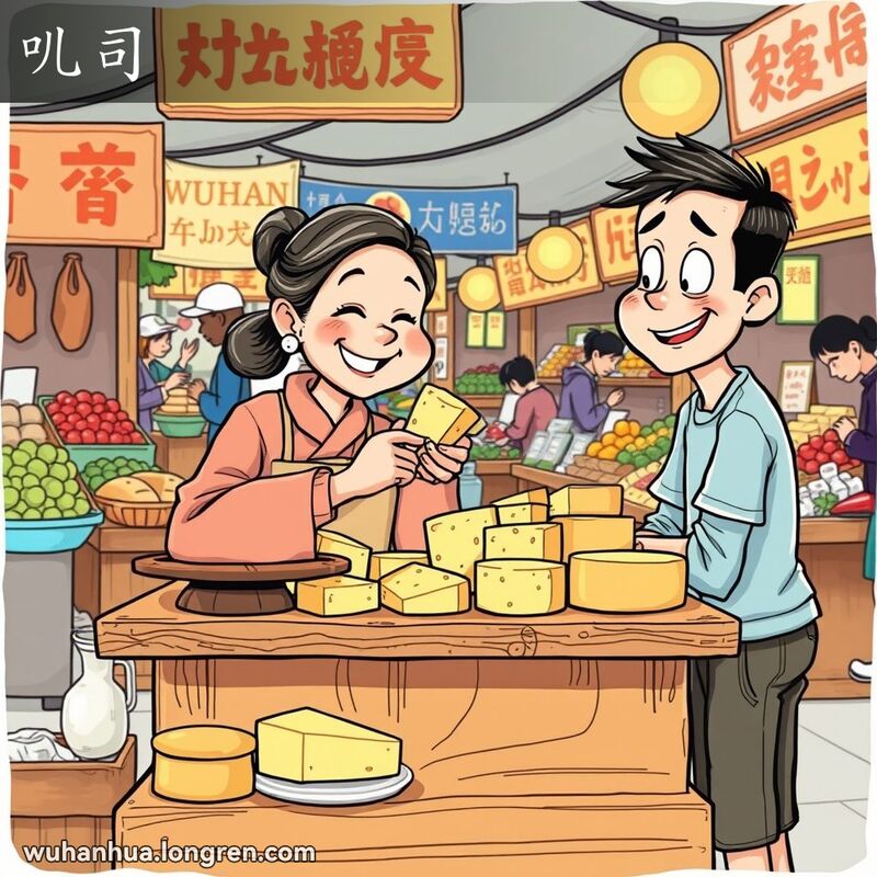 武汉本地市场上，摊主向顾客推荐奶酪，顾客露出好奇的表情，背景是热闹的市场摊位。