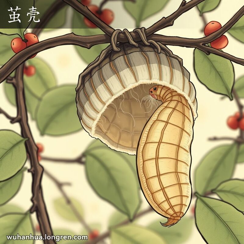 一只蚕从茧壳中破茧而出，背景是桑叶和枝条，画面宁静自然。