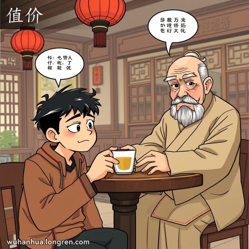 一位年轻人在茶馆中手持茶杯，面露不耐烦的表情，对面的长者神情严肃，背景是传统中式装饰