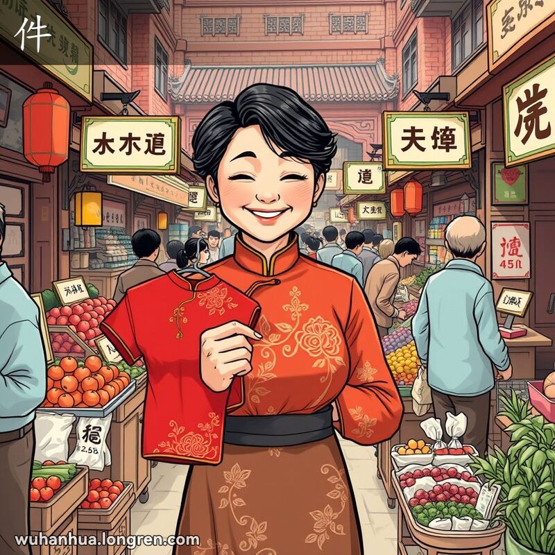 一位中年妇女在武汉市场上拿着一件鲜红的旗袍，背景中有其他摊位展示“件”这个量词的不同用法。