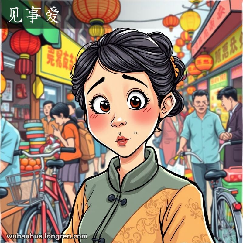 一位武汉妇女在市场中羡慕地看着邻居的新自行车，眼神中充满嫉妒，背景是热闹的市场场景