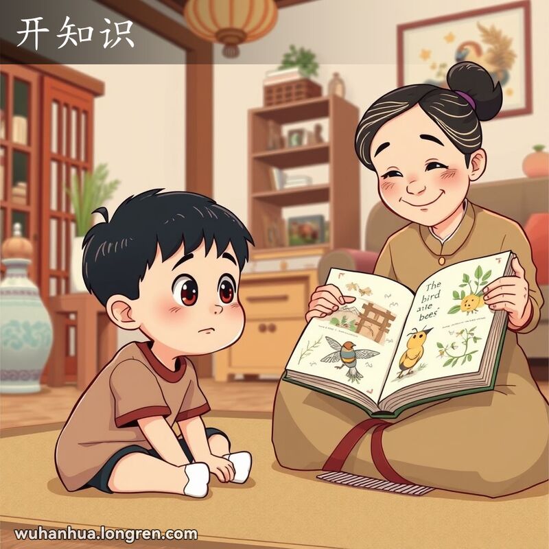 一个好奇的小男孩坐在客厅地板上，听长辈讲解生理知识，表情混合了好奇和困惑，背景是温馨的家庭场景