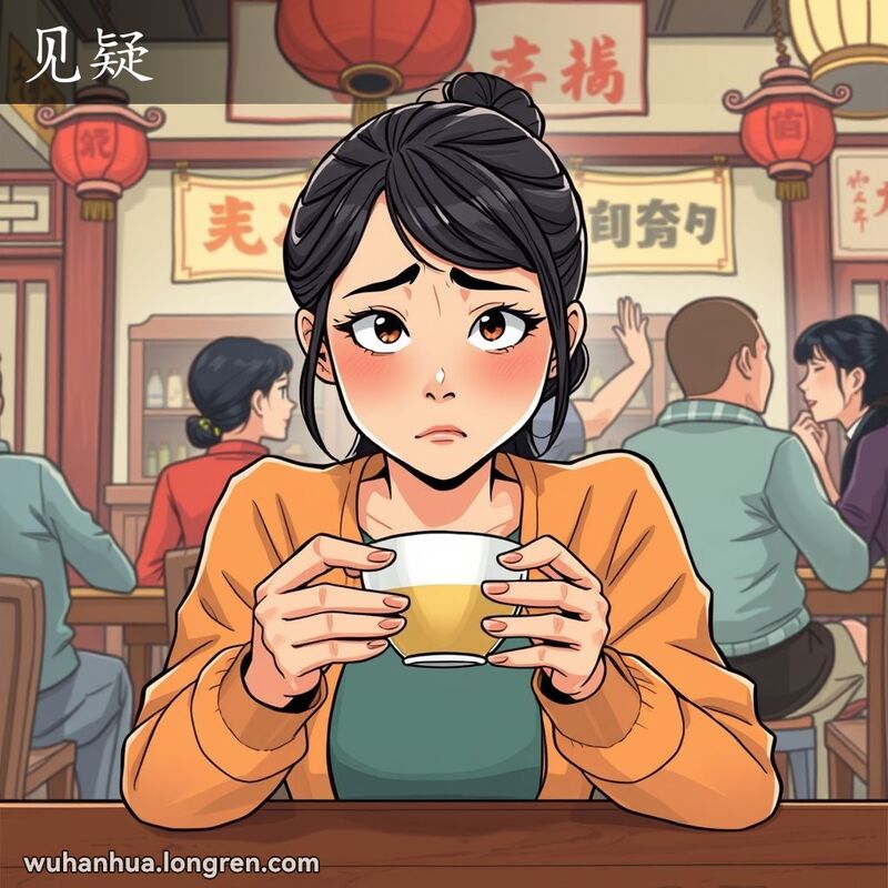 一位年轻的武汉女子坐在茶馆里，双手捧茶，脸上露出“见疑”的表情，背景是传统中国装饰和闲聊的人