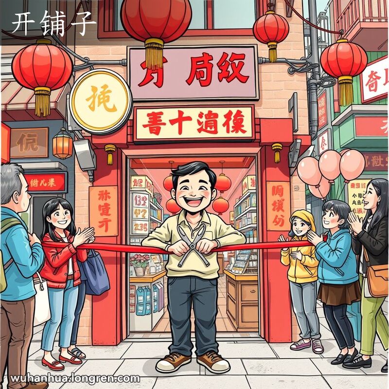 武汉店主在新开张的店铺前剪彩，周围人们鼓掌欢呼，背景是热闹的老街景