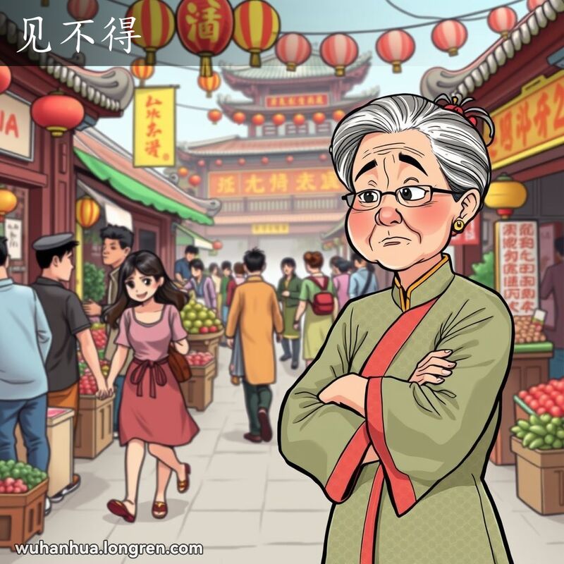 一位中年武汉妇女在市场中看到年轻情侣牵手走过，露出“见不得”的表情，背景是热闹的市场场景