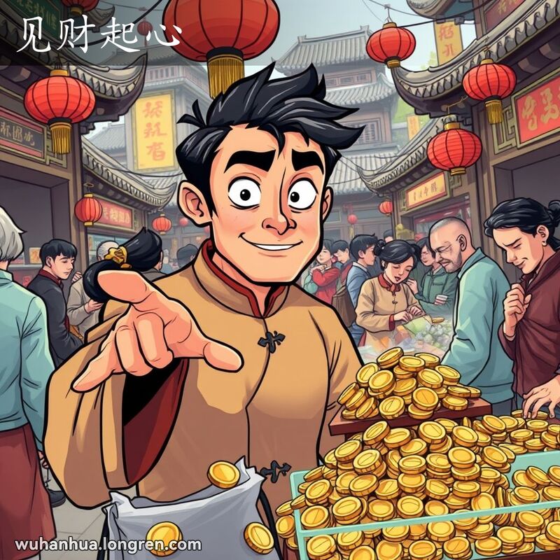 一个穿着传统中国服装的男子在市场中，目光贪婪地盯着摊位上的金币，背景是繁忙的老市场