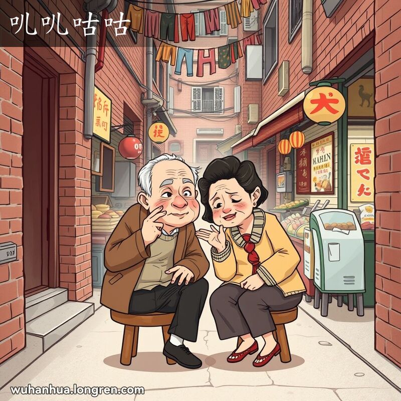 两位武汉老人在巷子里小声说话，背景是热闹的市场和传统建筑