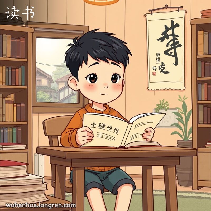 一位武汉学生在传统书房中专注阅读，背景是温馨的书房和宁静的庭院