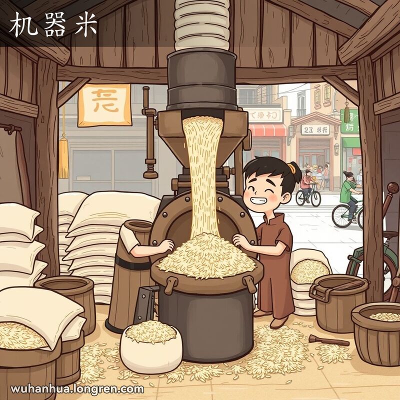 一个传统的武汉碾米厂，工人正在操作老式的碾米机，机器正在将新鲜的大米倒入一个大袋子中。