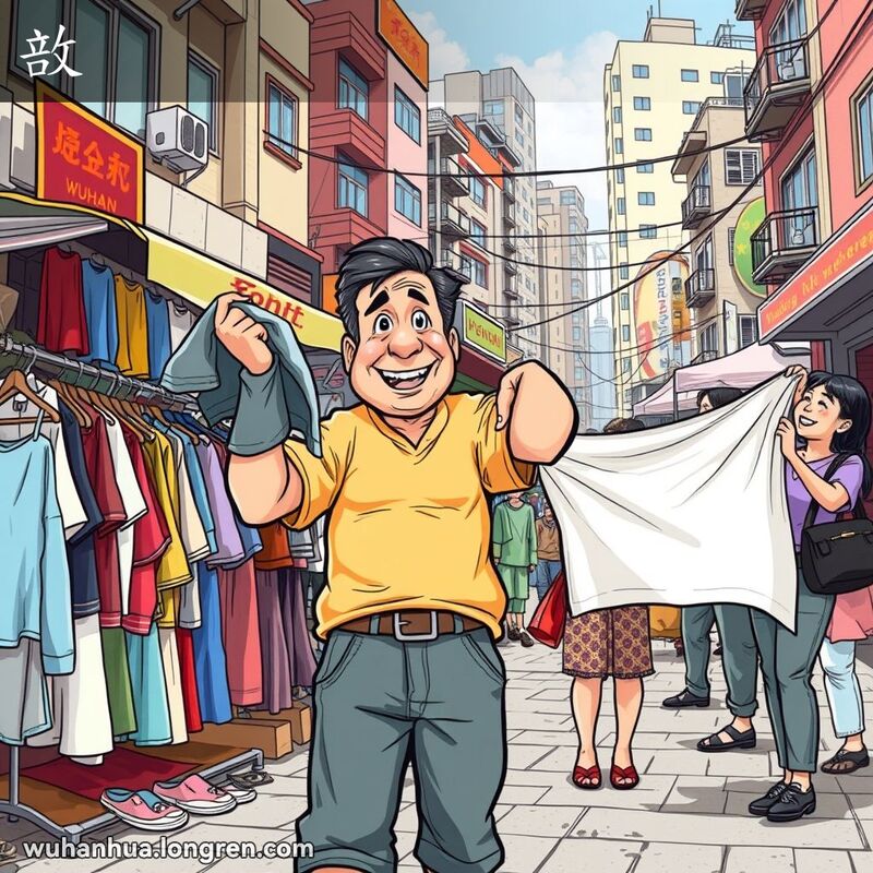 武汉街头市场，一位男子在服装摊前抖动衣服，旁边有人抖动床单，背景是热闹的市场景象