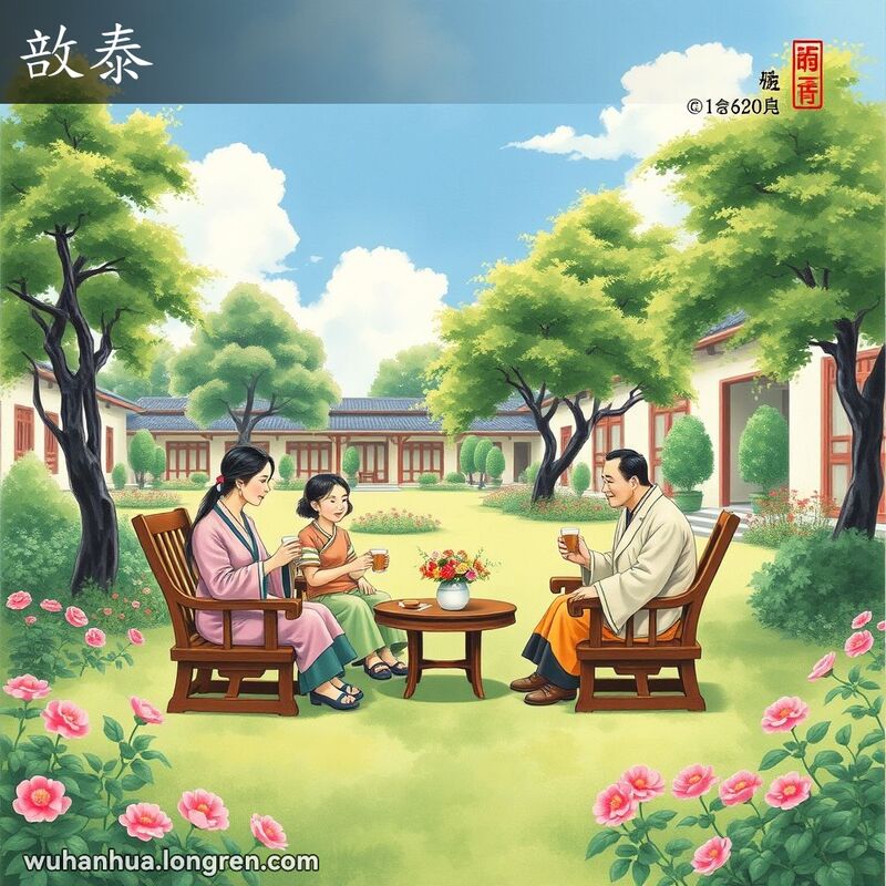 一个家庭在宽敞的庭院中享受悠闲的下午时光，庭院周围绿树成荫，鲜花盛开，空气清新，体现了武汉方言“敨泰”的语义。