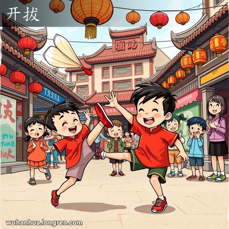 一群孩子在武汉街头玩踢毽子，一位孩子弯腿踢毽子，其他孩子欢呼鼓掌，背景是武汉老街景