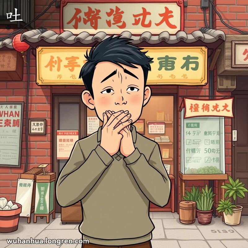 一位武汉男子站在中药店前，捂着肚子和嘴巴，即将呕吐，背景是武汉老街景