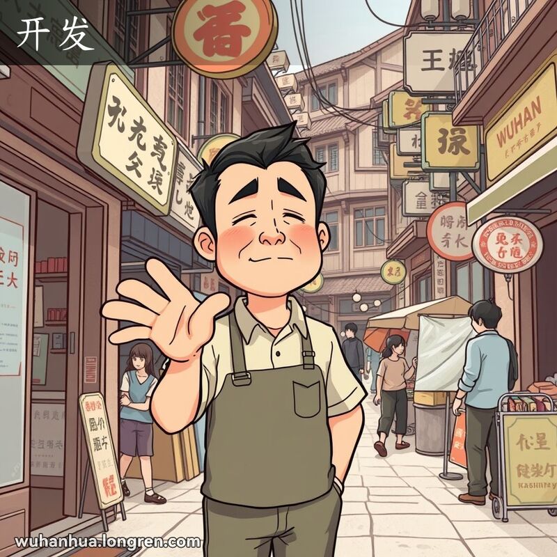 一位武汉男子站在老街店铺门口，手势示意某人离开，脸上带着“开发”的表情，背景是武汉老街景