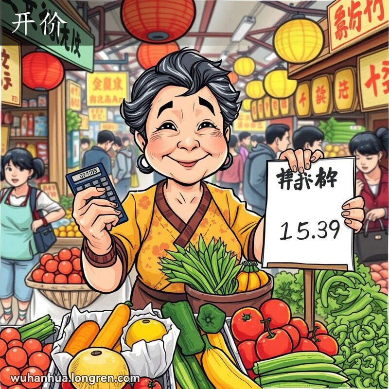 一位中年妇女在武汉市场摊位前报价，背景是繁忙的市场景象。