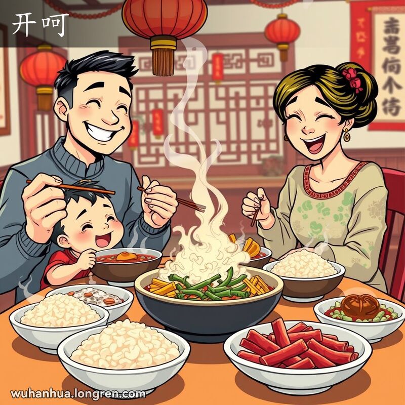 一家三口围坐在餐桌旁，准备开始用餐，背景是温馨的家庭环境