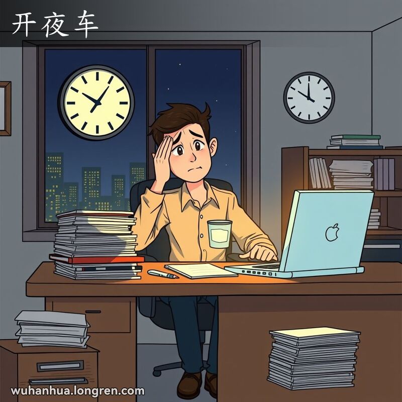 一位年轻职场人士在深夜的办公室里，围绕着文件和笔记本电脑，专注但疲惫地工作，背景是城市夜景和几颗星星