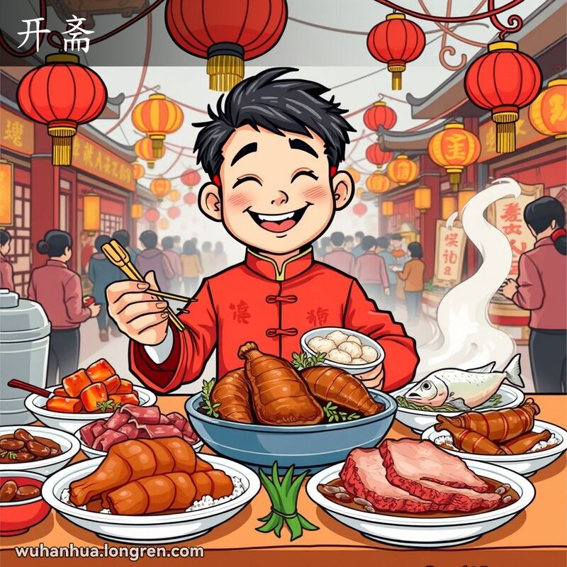 一个人穿着传统中国服饰站在摆满肉类菜肴的桌子前，准备享受美食，背景是节日氛围和热闹的市场场景