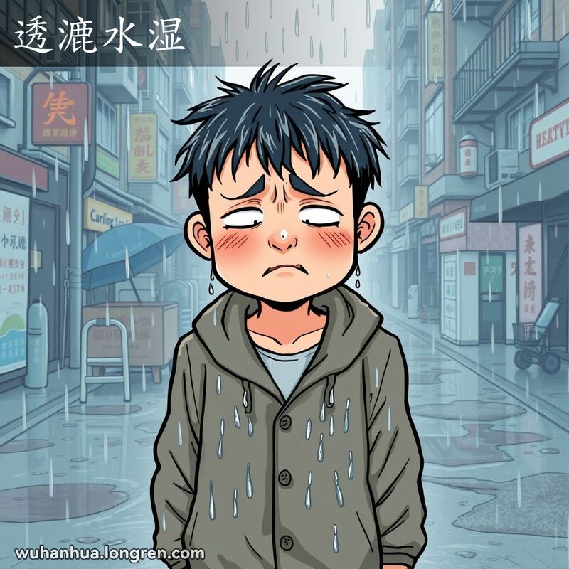 一个人在雨天的武汉街头，全身被雨水淋湿，表情不适，背景是湿漉漉的街道