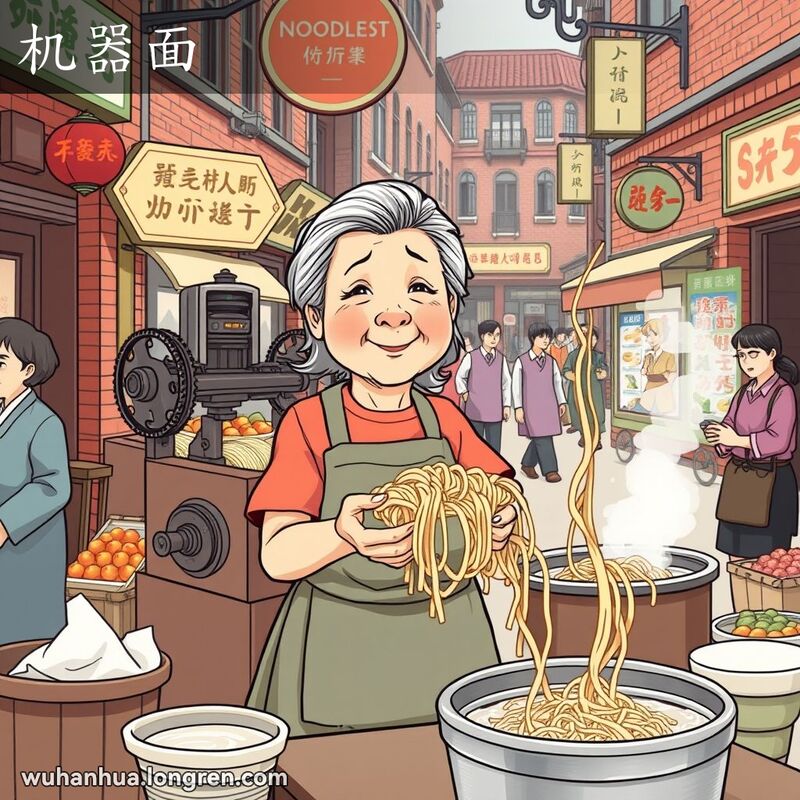 一位老年妇女在武汉老街的小摊前，手持一大碗刚做好的面条，背景是老式面条机和其他摊贩。