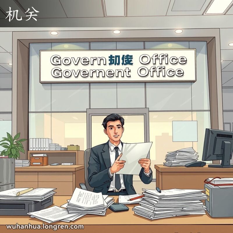 一位男子在政府办公室里忙碌工作，背景是现代办公楼，桌上堆满文件和办公用品，展现了“机关”的含义