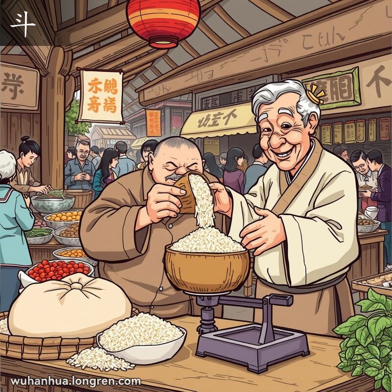 武汉旧时市场中，一位老商贩用传统的木制量器‘斗’量米，背景是忙碌的市场场景