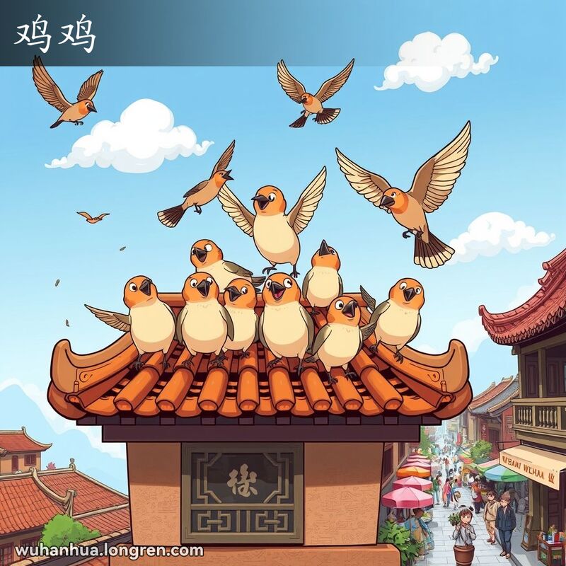 一群麻雀在传统中国屋顶上叽叽喳喳、跳来跳去，背景是武汉老街景