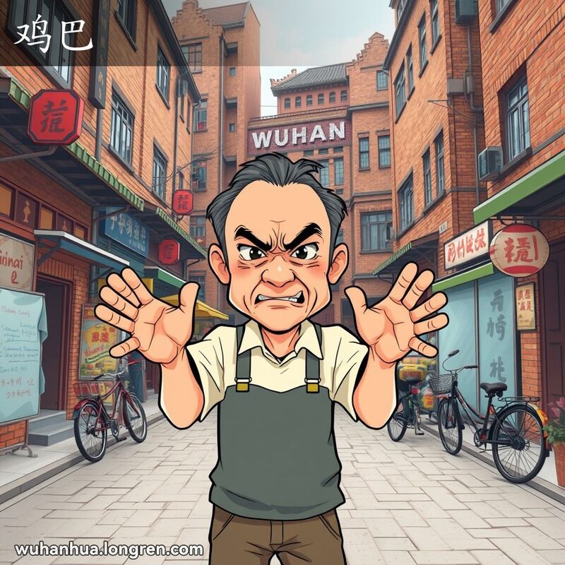 一位中年男子在武汉老街上表情愤怒，手势夸张，背景是武汉老街景