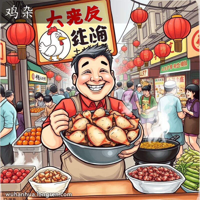 武汉街头市场，摊主端着一碗热气腾腾的鸡杂，背景是热闹的市场和其他摊位