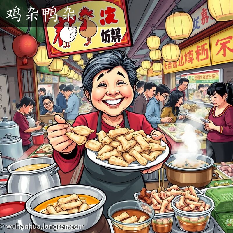 武汉传统市场中，一个售卖鸡杂鸭杂的摊位，摊主微笑着举起一盘混合的鸡杂和鸭杂，背景是热闹的市场场景。