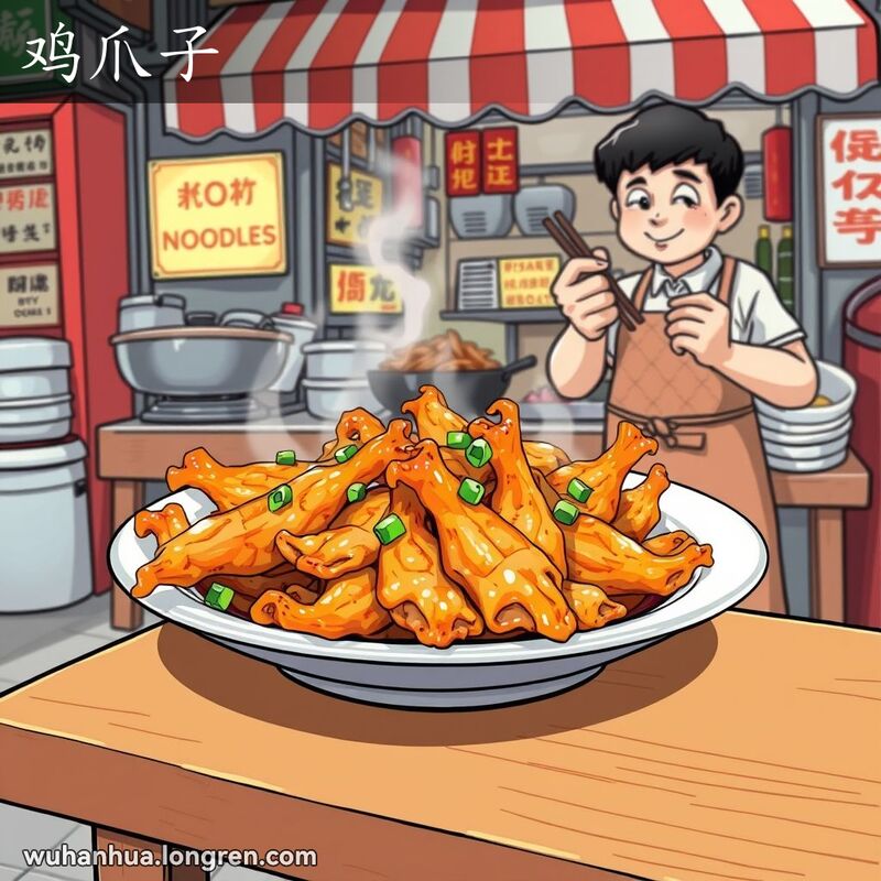 一盘热气腾腾的鸡爪子摆放在小木桌上，背景是武汉街头小吃摊，摊主笑容满面准备服务。