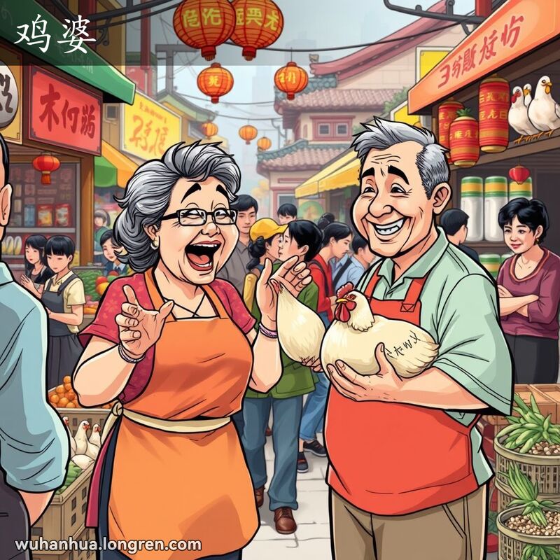 一位中年妇女在武汉市场与摊贩讨价还价，摊贩手中抓着一只鸡，背景是热闹的市场摊位