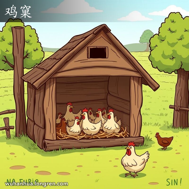 乡村农场场景，中央是一个传统的木制鸡窝，几只鸡在啄食地面，背景是绿色田野和蓝天。