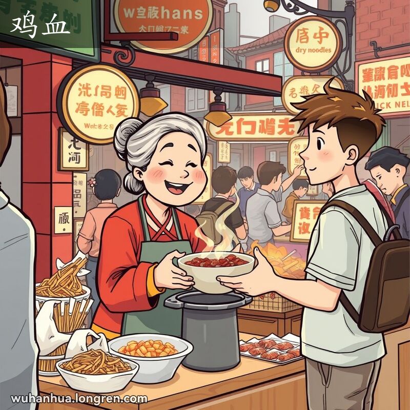 武汉街头市场，摊主微笑着为顾客端上一碗热气腾腾的鸡血，背景有红砖墙和老式招牌