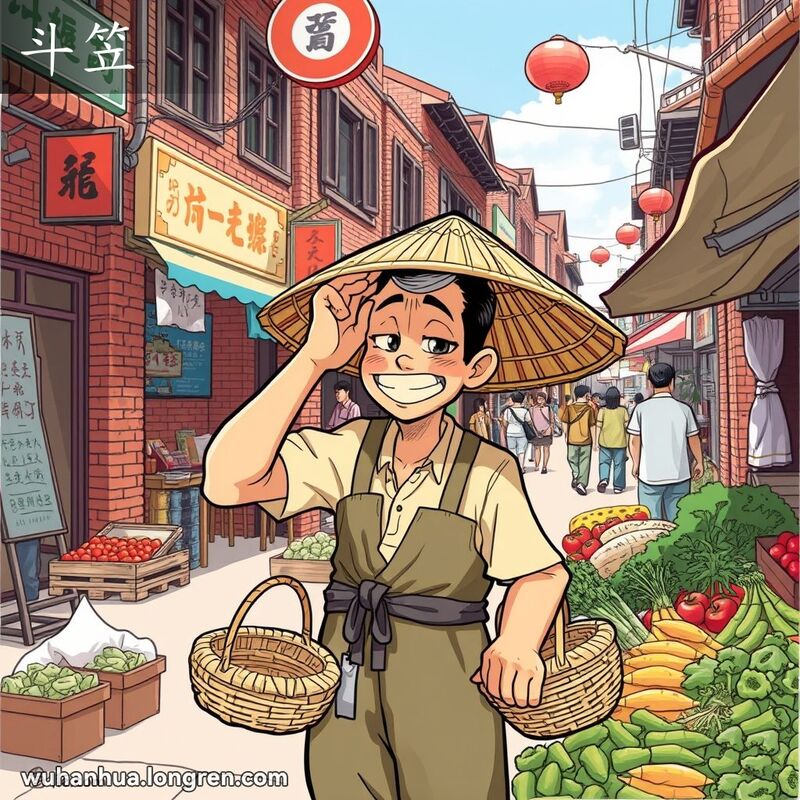 一位戴着宽边斗笠的武汉农民站在街市摊位旁，背景是武汉老街景和忙碌的市场。