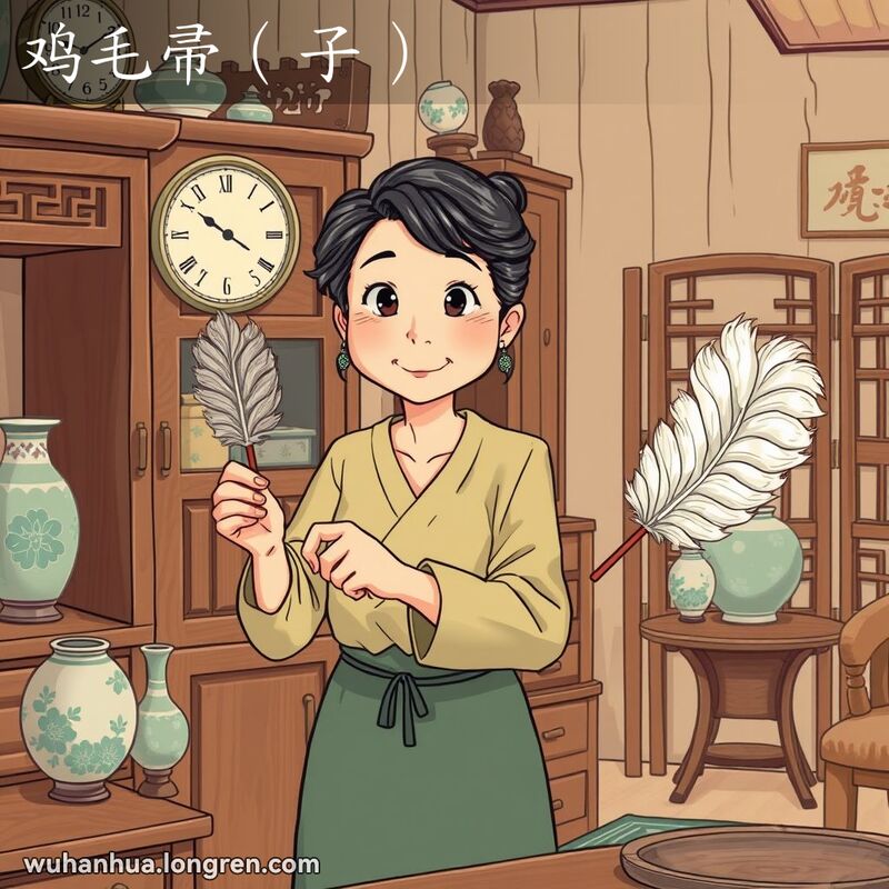 一位中年妇女在传统武汉家庭中用鸡毛掸子清洁家具，背景有老式家具和装饰
