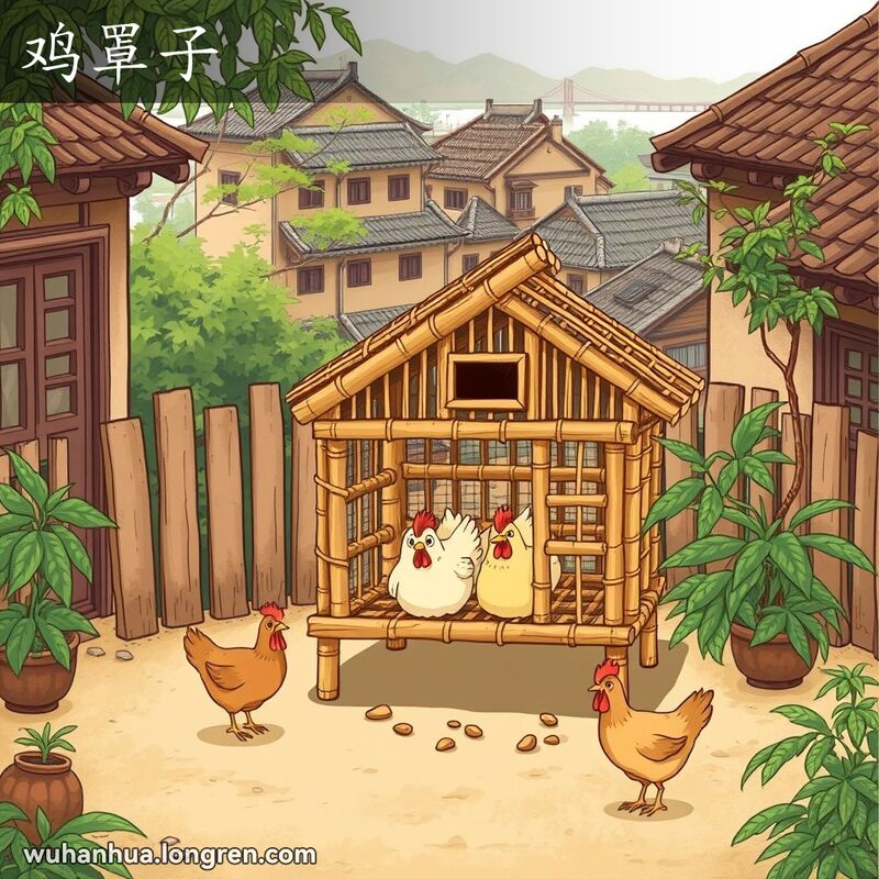 传统武汉庭院中的小竹编鸡笼，里面有几只鸡，背景是老式建筑和长江