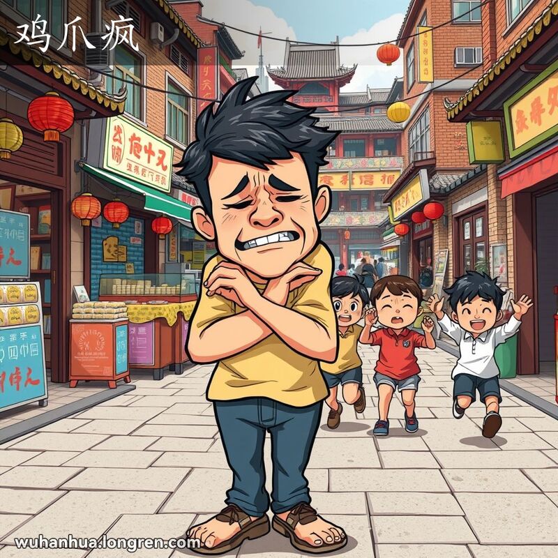 一位武汉市民手脚痉挛，表情痛苦，背景中有活泼好动的孩子，象征“鸡爪疯”的比喻用法。
