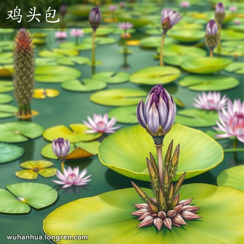 绿色池塘中生长着芡植物，紫色花朵像鸡头，背景宁静自然。