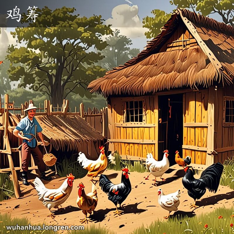 乡村农场场景，中央是大型木制鸡笼，几只鸡在周围啄食，农民站在旁边拿着饲料，背景是绿色田野和蓝天。