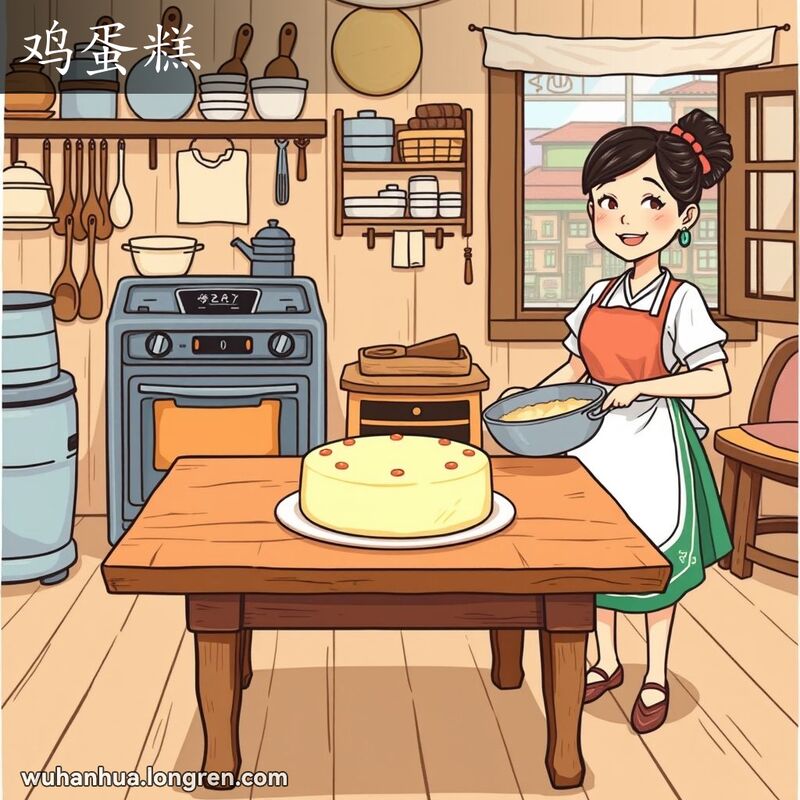 一个温馨的厨房场景，桌子中央摆放着一块松软的蛋糕，一位女子手持铲子和面糊，准备烘烤，背景是复古的烤箱和繁忙的武汉街景。