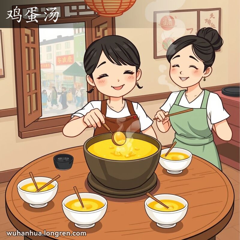 一位妇女在厨房里将鸡蛋汤倒入碗中，背景是武汉街景