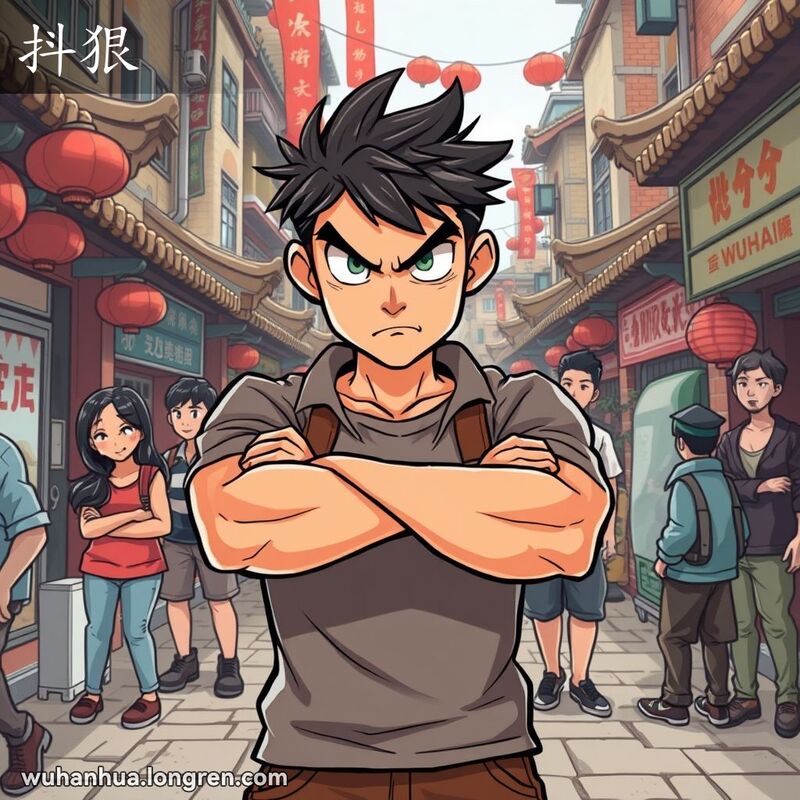 一位年轻男子在武汉街头，表情严厉，双臂交叉，准备迎接对抗，背景有几位路人，表情惊讶或担忧