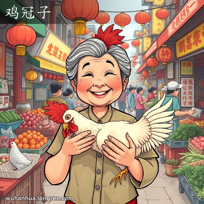 一位武汉老妇人在街市上抓着一只活鸡，鸡头上的红色肉冠非常显眼，背景是热闹的街市和摊位。