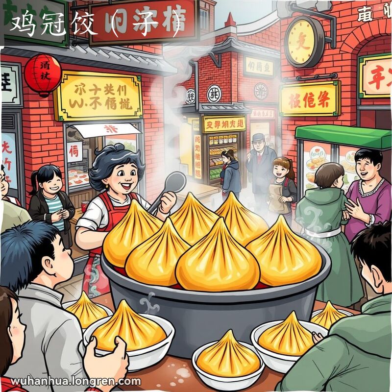 武汉街头小吃摊，摊主在煮鸡冠饺子，顾客在等待，背景有其他小吃摊