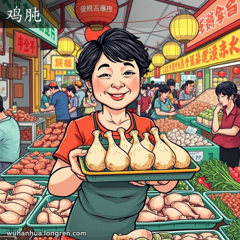武汉传统市场中，摊主微笑着展示新鲜鸡胗，背景是热闹的市场摊位和叫卖的摊贩