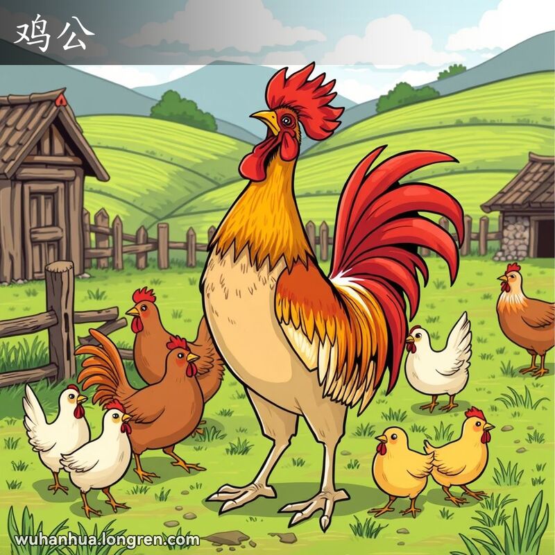 一只骄傲的公鸡站在农村场景中，周围是母鸡和小鸡，背景是木质篱笆和农舍