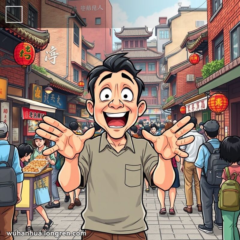 一位武汉男子在街头手舞足蹈地与人交谈，表情夸张，背景是武汉的传统街景
