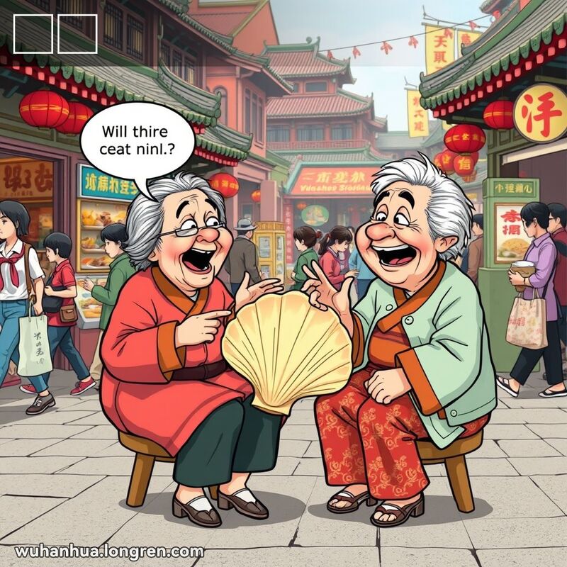 两位老妇人在武汉市场上手持蚌壳热烈聊天，背景是繁忙的市场和传统建筑
