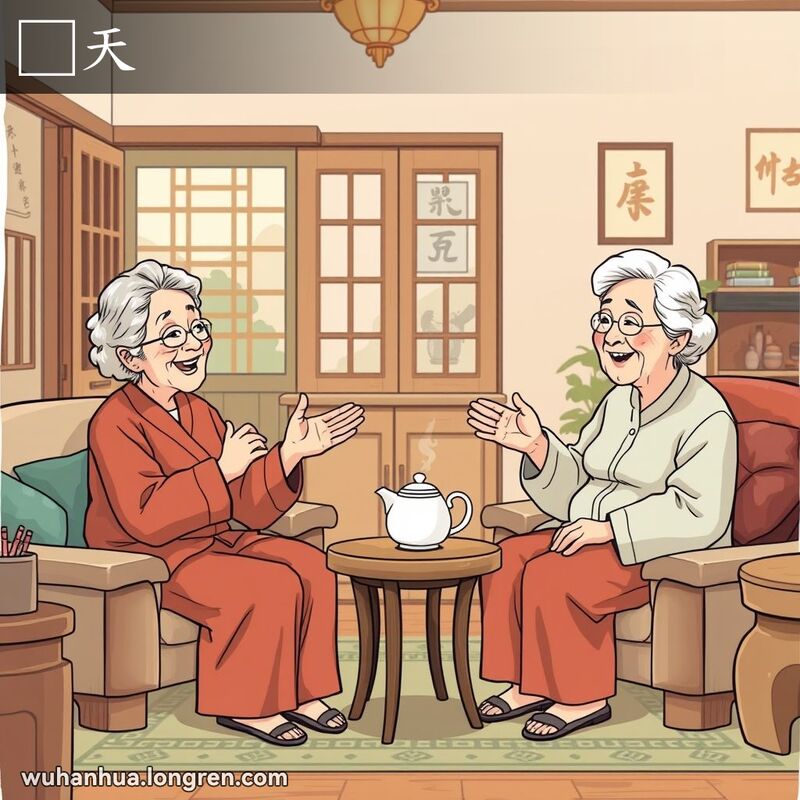 两位武汉老人在客厅里进行家常聊天，背景是传统的武汉家居风格